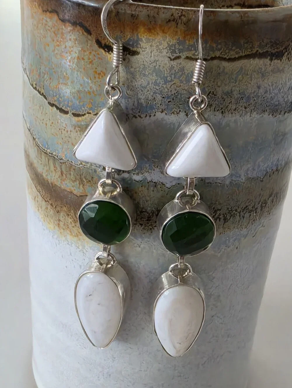 Green Crystal & White Gemstone Earrings Sterling Silver 925